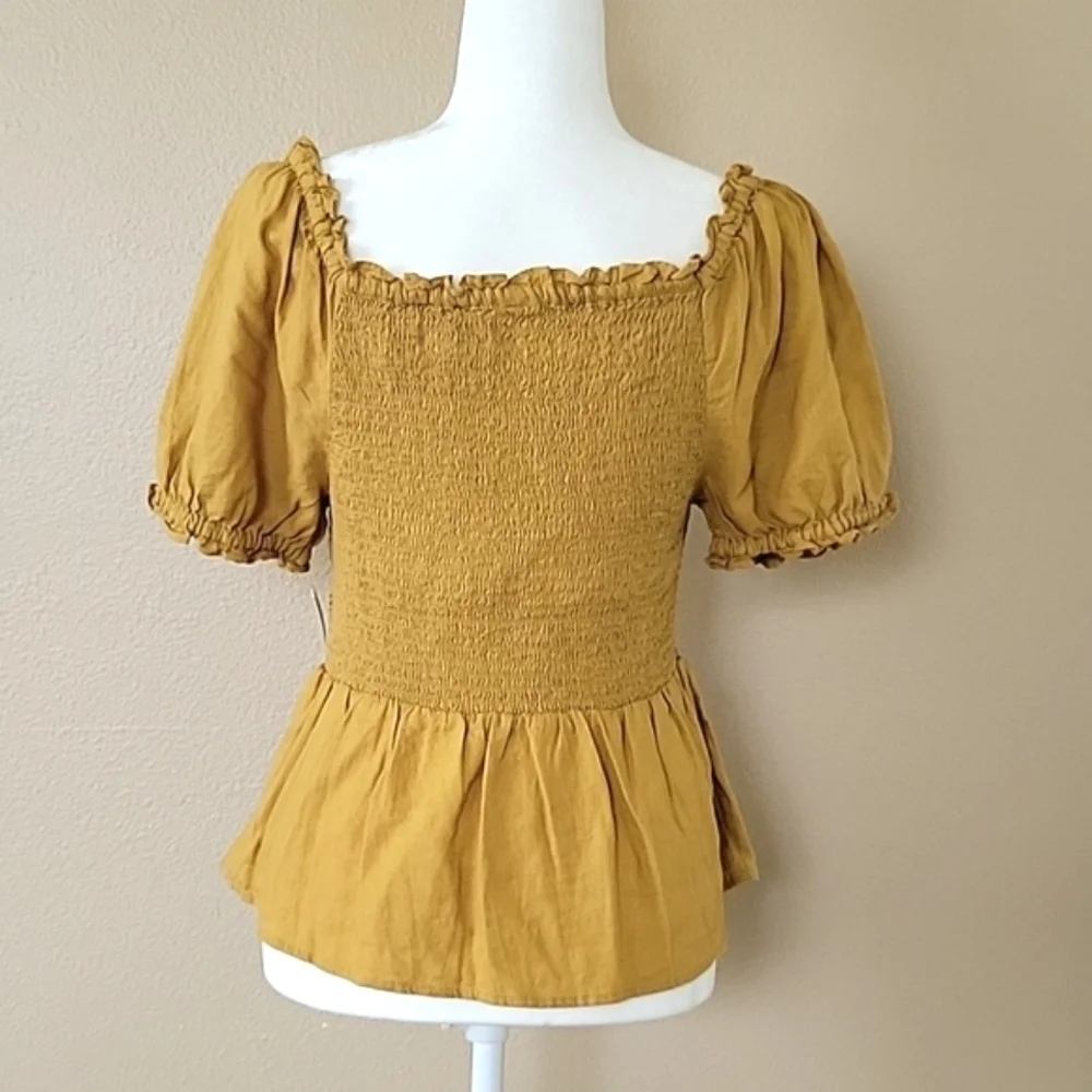 Old Navy Womens Mustard Smocked Linen Blend Puff Sleeve Blouse - Size Medium